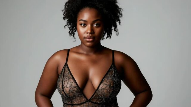 A young African woman with curly black hair poses confidently in a black lace lingerie set against a neutral background.
