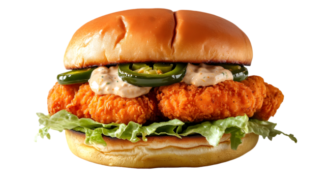 Close up of a spicy chicken sandwich with jalapeños and lettuce on transparent background png