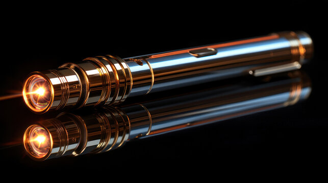 Sleek, golden futuristic pen with glowing tip, reflected on dark surface