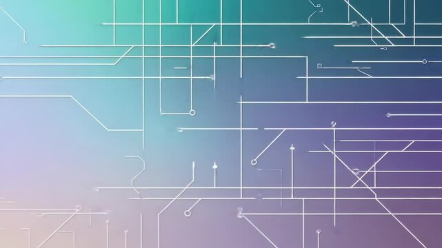 Displaying abstract circuit line network over shifting mint-to-violet gradient, digital design
