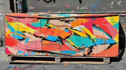 Colorful Abstract Street Art on Cardboard Displayed Outdoors with Vibrant Patterns and Bold Brushstrokes in Urban Setting