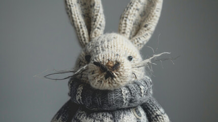 Cozy Knitted Bunny Toy with Scarf Against Neutral Background for Children's Room Decor and Gift Ideas