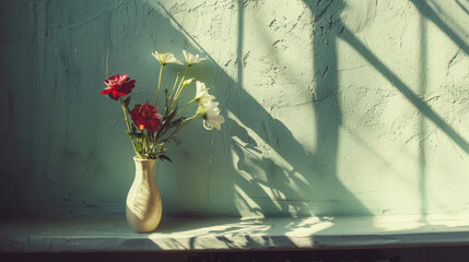 Sunlit Vase with Red and White Flowers Casting Shadows on a Textured Green Wall in a Tranquil Setting
