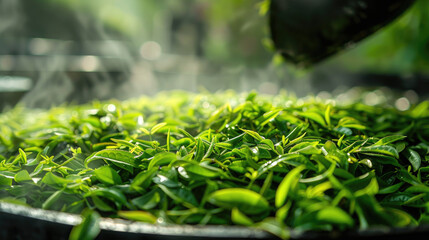 Freshly Harvested Green Tea Leaves Steaming in Sunlit Environment for Authentic Tea Production