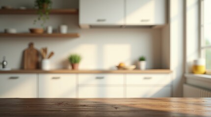 Fototapeta premium Wood tabletop in modern Scandinavian style kitchen with blurred cabinets, warm sunlight, and cozy home decor elements