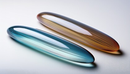 two oblong striped translucent objects on a white surface