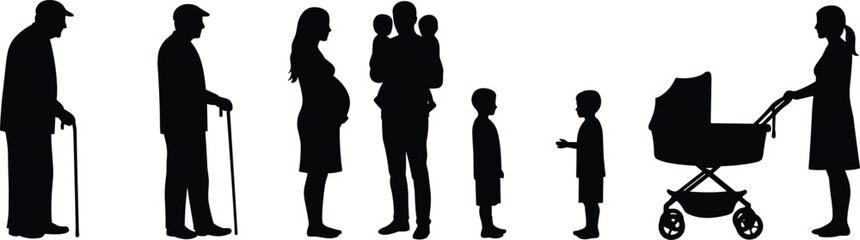 Generations family silhouette, aging life stages illustration, elderly to newborn, parent child growth, human evolution vector, people black outline, family timeline isolated white background, 
