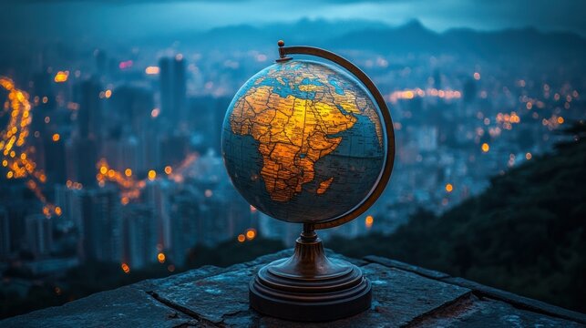 Globes over city skyline