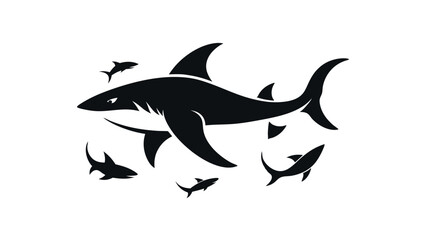  Shark with Small Fishes Vector Illustration, Marine Life Silhouette for Ocean Wildlife Projects, Sea-Themed Designs, Aquatic Logos, Educational Materials, and Underwater Concepts