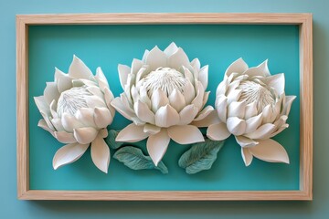 Three regal protea flowers in a light wooden frame.