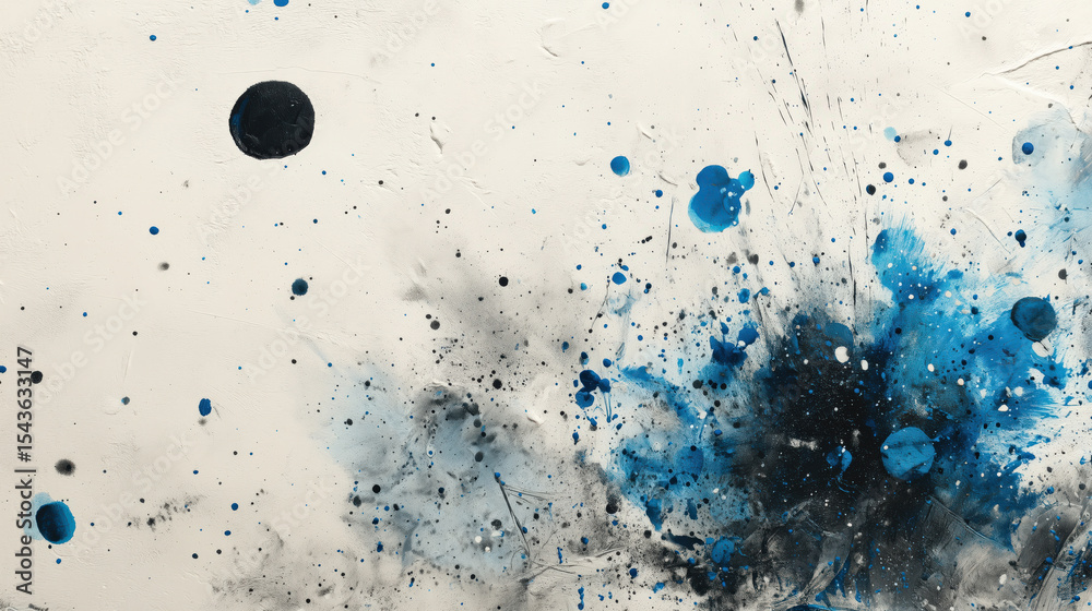Poster abstract black and blue paint splatter on off white background creates dynamic and energetic composi