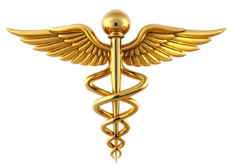 Three Dimensional Golden Caduceus Medical Symbol with Wings Isolated on a Transparent Background A I G E N E R A T E D - P N G