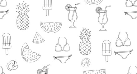 Summer themed outline pattern with pineapple cocktail bikini and watermelon.