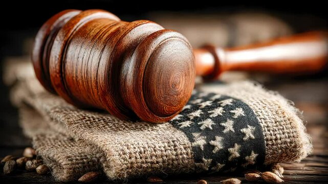 Close-up of a wooden judge's gavel resting on a burlap cloth with a faded American flag pattern, symbolizing justice and law in the United States