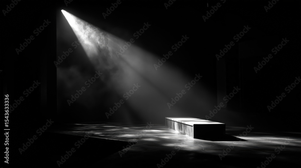 Poster dramatic beam of light cuts across dark stage, illuminating solitary platform in mysterious atmosphe
