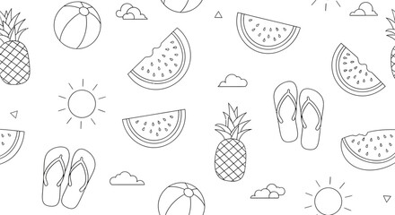 Summer themed seamless pattern with pineapple watermelon beach ball sun clouds and flip flops.