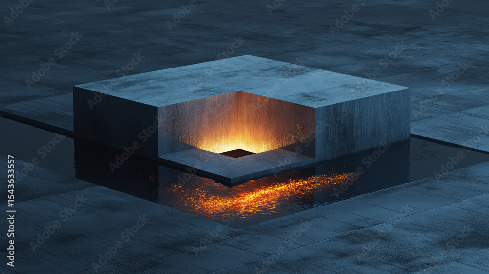 Poster glowing square cut into concrete surface emits warm, fiery light, creating striking contrast against