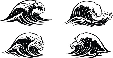 Japanese wave tattoo set, bold ocean surf design, vintage tsunami clipart, hand drawn wave vector, black sea splash illustration, traditional style cresting water artwork, isolated graphic