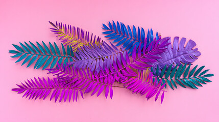 Vibrant neon tropical leaves in a flat lay, radiating bold energy and modern tropical vibes