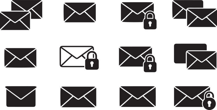 Email and Secure Mail Icons: Digital Communication & Privacy Black & White Envelope Secure Messaging & Confidential Mail