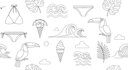 Summer themed line art pattern with toucans waves ice cream and swimwear. © agra