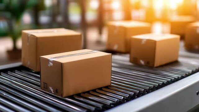 Packages moving on intelligent conveyor system utilizing mechatronics for sorting and distributing packages in logistics centers.