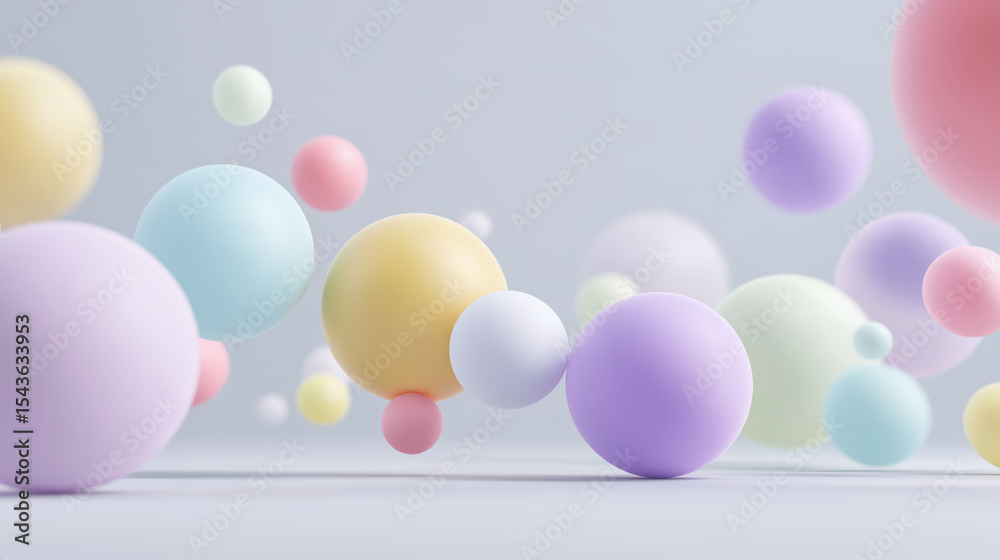 Poster pastel spheres float in asymmetrical layout against soft background, creating serene and dreamy atmo