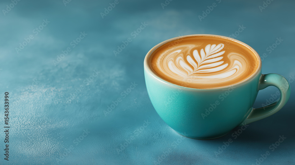Aufkleber Pastel teal coffee cup with intricate latte art sits on smooth blue surface, creating calming and inviting atmosphere. design in foam adds artistic touch