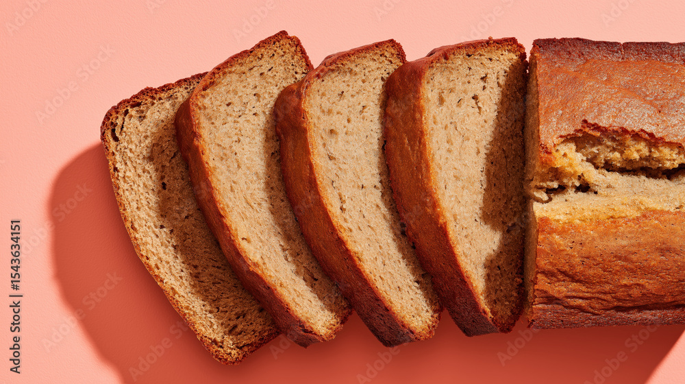 Aufkleber sliced banana bread loaf on peach background, showcasing its golden brown crust and soft texture. wa
