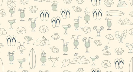 Summer themed pattern with cocktails surfboards shells and flipflops.