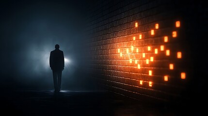 Solitary figure walking towards illuminated brick wall