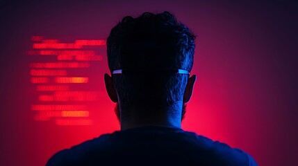 Programmer working late at night with red code