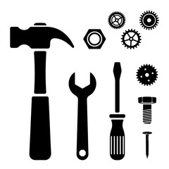 Mechanical tools vector illustration set, common hardware and gears. Cogwheel, wrench, hammer, screwdriver, bolt, nut and nail. Industrial graphic for construction themes, repair services, engineering
