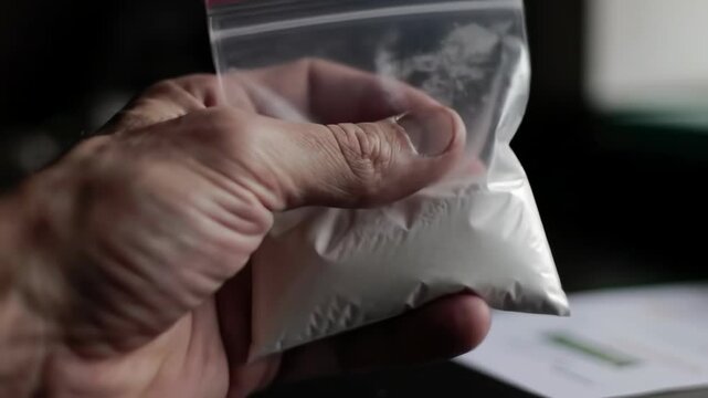 Close-up of a hand holding a small, clear plastic bag filled with a white powdery substance, creating a dramatic and possibly controversial image suitable for various contexts.