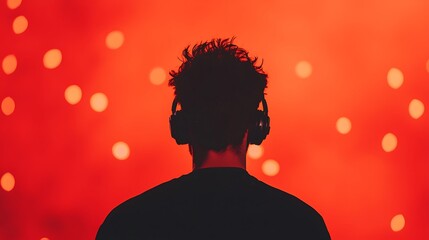 Silhouette of person wearing headphones against red background