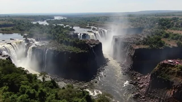 Aerial view of the magnificent iguazu falls cascading over rocks into a lush green landscape