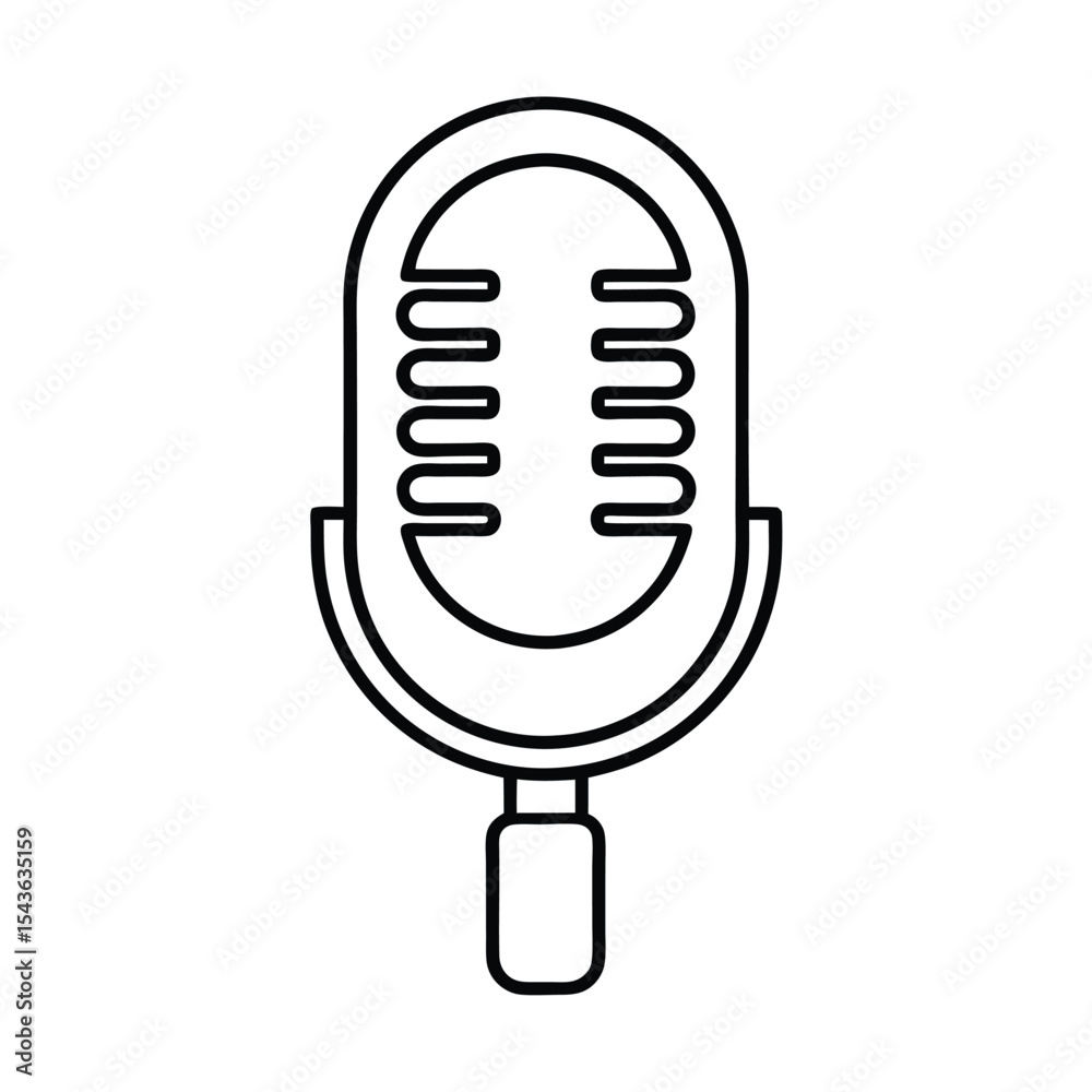 Poster Simple outline of a vintage microphone illustrating recording audio and broadcasting concepts in black and white line art