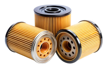 Three New Car Engine Oil Filters Close Up View Yellow and Black Cylindrical Auto Parts Isolated on White Background A I G E N E R A T E D - P N G isolated on a transparent background
