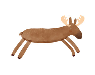 Nursery Vector Art with Cute Moos.Funny Hand Drawn Print with Cartoon of Moose on a White Background.Woodlan Animal.Infantile Drawing-like Funny Buck.