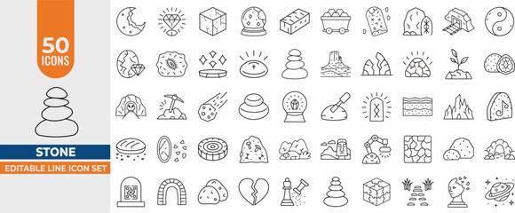 Stone & Boulder Line Icons Set – 50 Editable Vector Symbols for Rocks, Mining & Cracks. Editable Stroke. Vector illustration