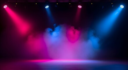 Dramatic Empty Stage with Pink and Blue Spotlights and Smoky Atmosphere