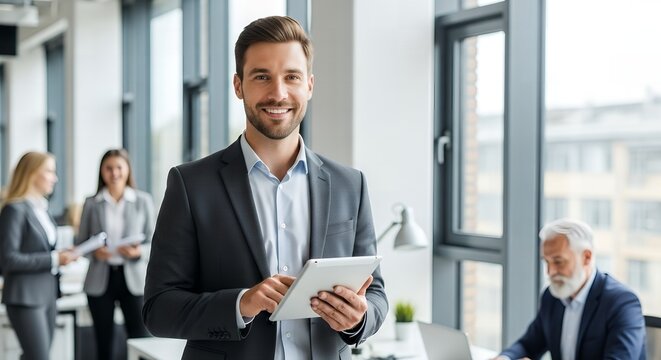 Man holding tablet standing in office with colleagues behind