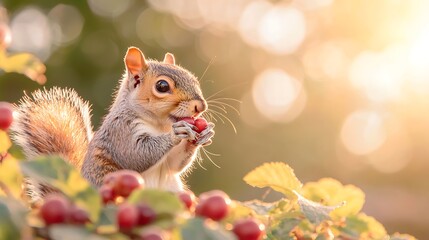 Golden hour squirrel enjoying a berry snack