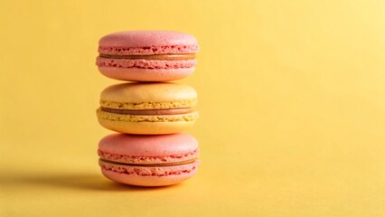 Stack of pastel pink and yellow macarons on yellow background