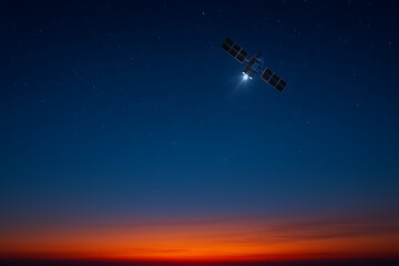 A copy space of a low Earth orbit internet satellite flying above the Earth, with the planet’s surface softly lit by the morning sunlight.