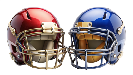 Two American Football Helmets Facing Each Other Red and Blue with Gold Accents A I G E N E R A T E D - P N G isolated on a transparent background