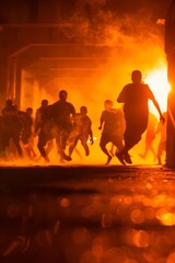 Silhouetted figures running through orange smoke