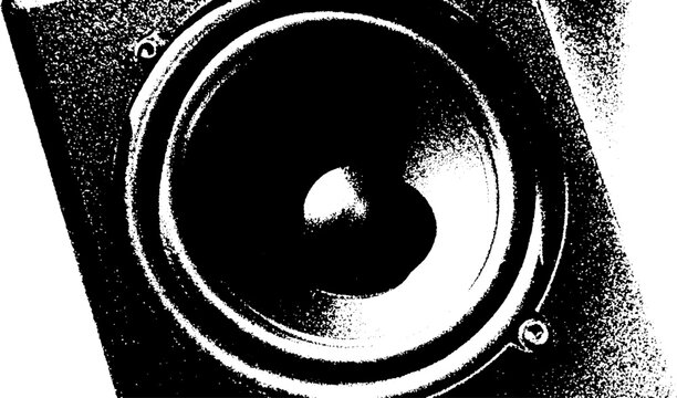 High contrast black and white guitar amplifier speaker cone close-up
