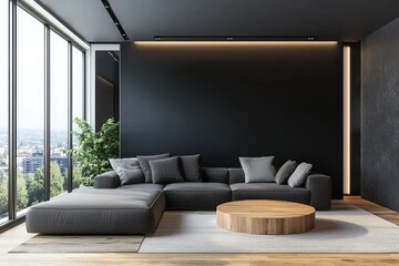 Contemporary living room with dark sectional sofa, wooden round table, textured black wall, floor-to-ceiling windows, and panoramic city view for elegant home styling
