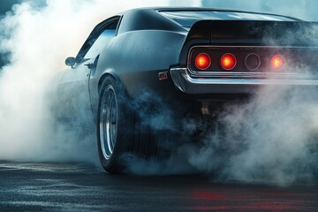 Smoky Burnout from Muscle Car Tire in 3D Illustration with Space for Text on Clean Background